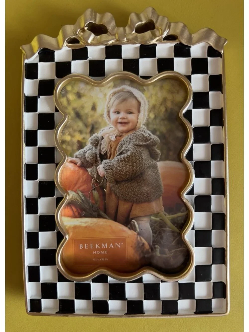Scalloped 4 X 6 Photo Frame COURTLY CHECK Black White Gold Bow Portrait Acrylic